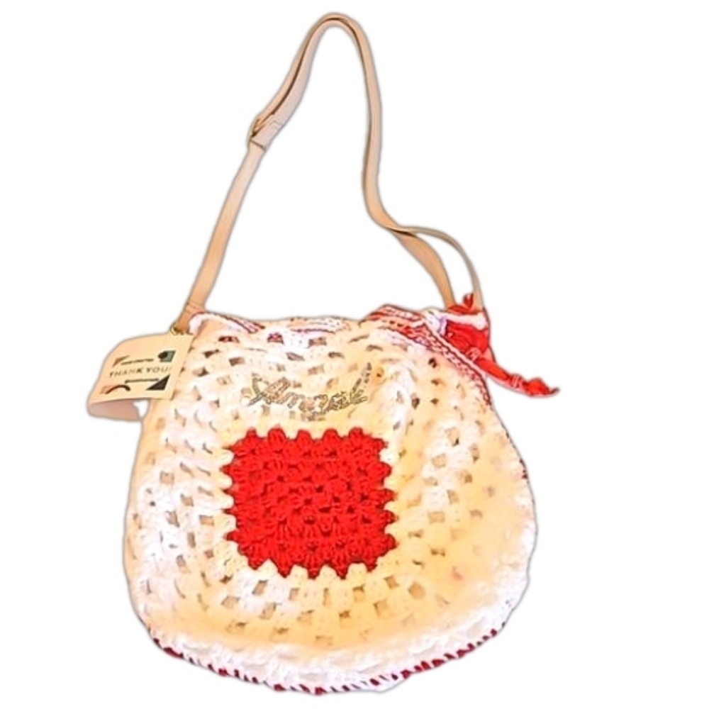 Hand Crafted Grannycore Bag Crochet  White & Red Handmade Crossbody purse 14"